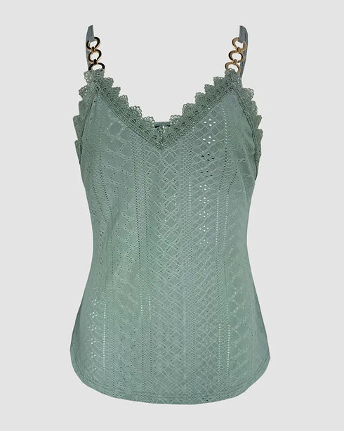 Chain Decor Eyelet Embroidery Lace Patch Tank Top green