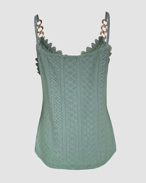 Chain Decor Eyelet Embroidery Lace Patch Tank Top green