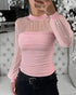 Rhinestone Decor Mock Neck Lantern Sleeve Sheer Mesh Spliced Tee Hollow-out Back Slim Fit Top pink