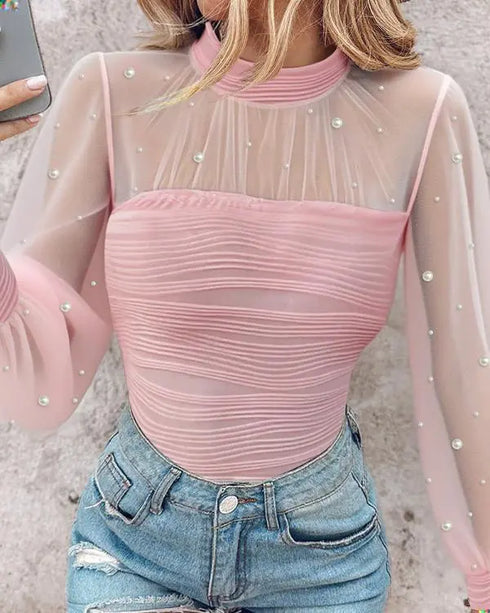 Rhinestone Decor Mock Neck Lantern Sleeve Sheer Mesh Spliced Tee Hollow-out Back Slim Fit Top pink