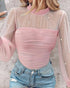 Rhinestone Decor Mock Neck Lantern Sleeve Sheer Mesh Spliced Tee Hollow-out Back Slim Fit Top pink
