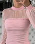 Rhinestone Decor Mock Neck Lantern Sleeve Sheer Mesh Spliced Tee Hollow-out Back Slim Fit Top pink