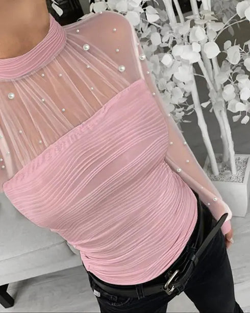 Rhinestone Decor Mock Neck Lantern Sleeve Sheer Mesh Spliced Tee Hollow-out Back Slim Fit Top pink