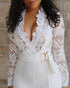 Crochet Lace Trim Deep V-Neck Floral Lace Spliced Ovearalls Casual Zipper Back Seam Front Jumpsuit with Belt white