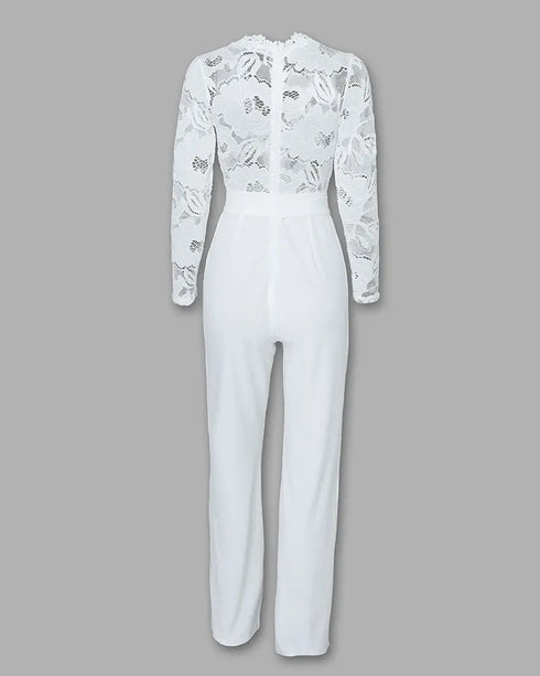 Crochet Lace Trim Deep V-Neck Floral Lace Spliced Ovearalls Casual Zipper Back Seam Front Jumpsuit with Belt white