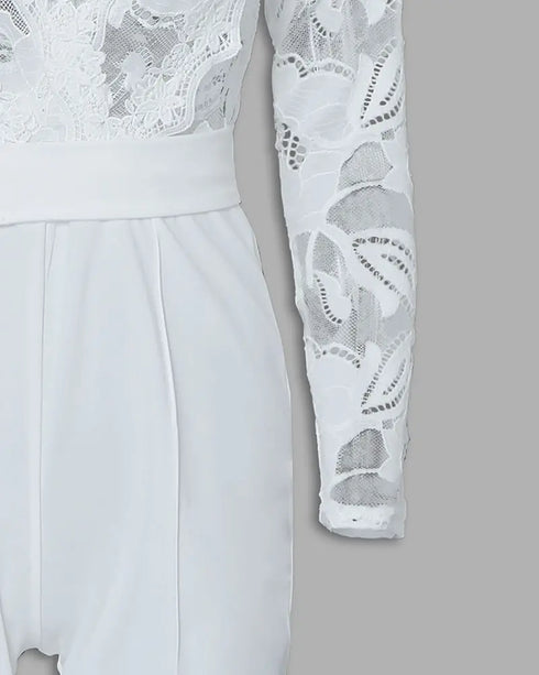 Crochet Lace Trim Deep V-Neck Floral Lace Spliced Ovearalls Casual Zipper Back Seam Front Jumpsuit with Belt white