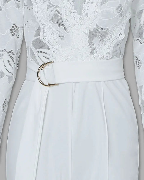 Crochet Lace Trim Deep V-Neck Floral Lace Spliced Ovearalls Casual Zipper Back Seam Front Jumpsuit with Belt white