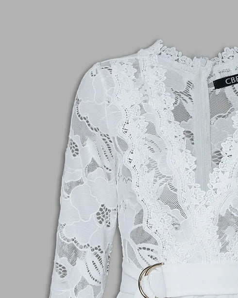 Crochet Lace Trim Deep V-Neck Floral Lace Spliced Ovearalls Casual Zipper Back Seam Front Jumpsuit with Belt white