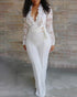 Crochet Lace Trim Deep V-Neck Floral Lace Spliced Ovearalls Casual Zipper Back Seam Front Jumpsuit with Belt white