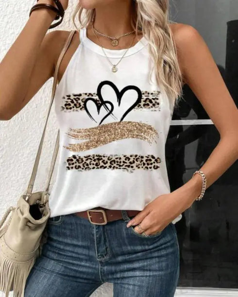 Leopard Print Heart Pattern Heart Sleeveless Tank Casual Loose Fit Top white