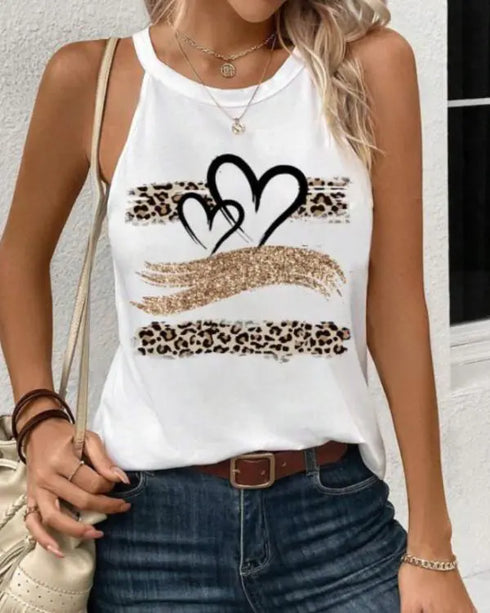 Leopard Print Heart Pattern Heart Sleeveless Tank Casual Loose Fit Top white
