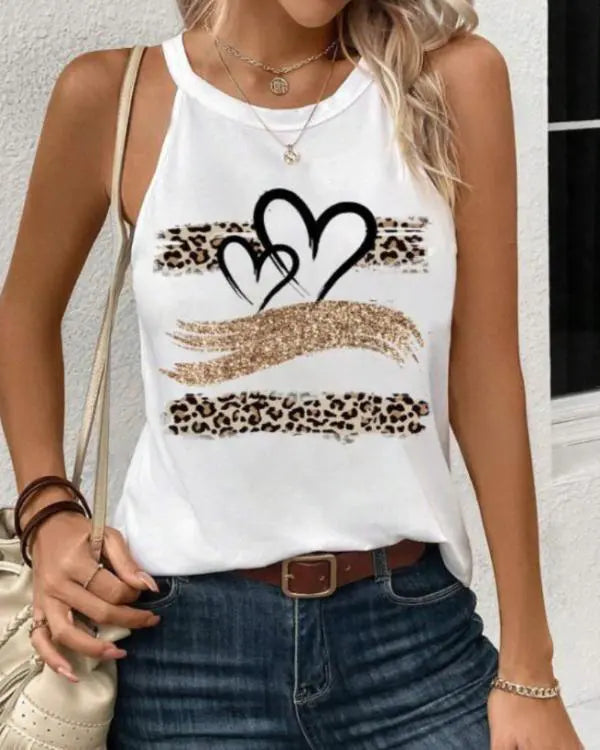 Leopard Print Heart Pattern Heart Sleeveless Tank Casual Loose Fit Top white