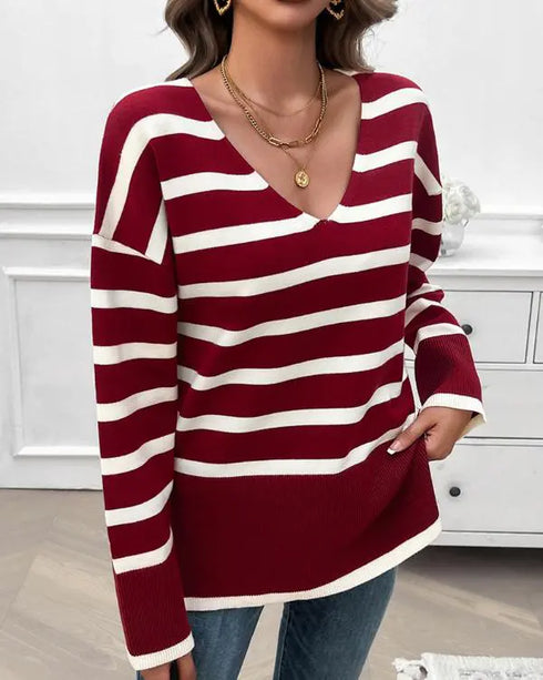 Striped V-Neck Long Sleeve Side Slit Knit Sweater Wine red