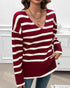 Striped V-Neck Long Sleeve Side Slit Knit Sweater Wine red