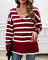 Striped V-Neck Long Sleeve Side Slit Knit Sweater Wine red