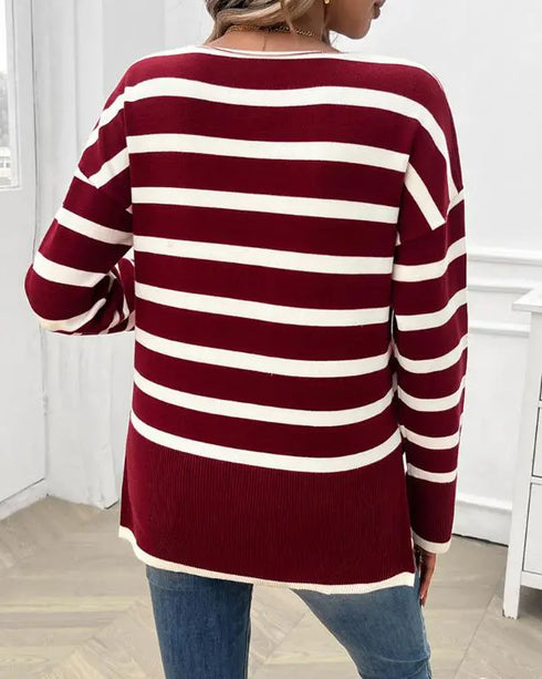 Striped V-Neck Long Sleeve Side Slit Knit Sweater Wine red