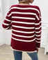 Striped V-Neck Long Sleeve Side Slit Knit Sweater Wine red