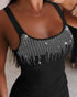 Rhinestone Thick Strap Ribbed Bodycon Dress Sexy Slim Fit Mini Dress black