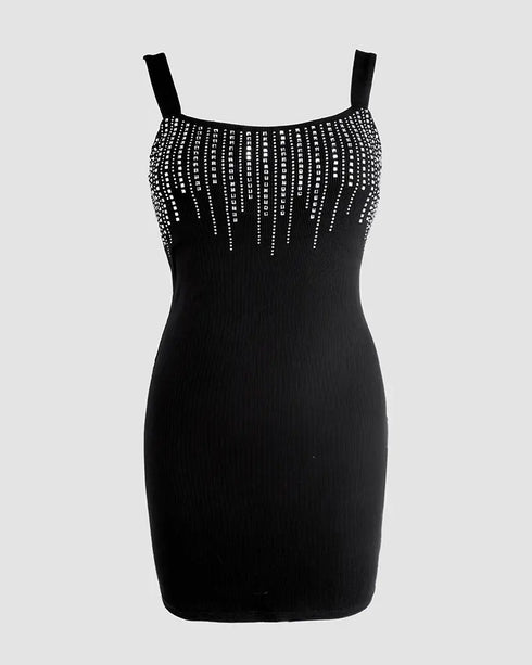 Rhinestone Thick Strap Ribbed Bodycon Dress Sexy Slim Fit Mini Dress black