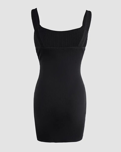 Rhinestone Thick Strap Ribbed Bodycon Dress Sexy Slim Fit Mini Dress black