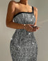 Glitter Lurex One Shoulder Spaghetti Strap Slim Fit Bodycon Allover Sequin Midi Evening Dress silver