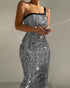 Glitter Lurex One Shoulder Spaghetti Strap Slim Fit Bodycon Allover Sequin Midi Evening Dress silver