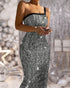 Glitter Lurex One Shoulder Spaghetti Strap Slim Fit Bodycon Allover Sequin Midi Evening Dress silver