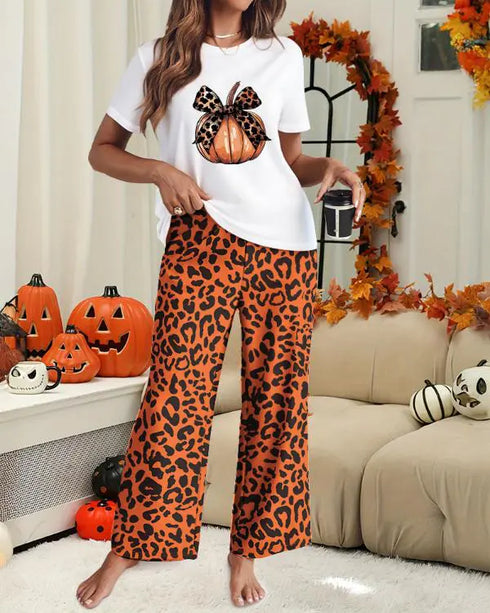 2 Pieces Outfit Letter print Round Neck Short Sleeve Top and Tie Dye Print Elastic Waist Loose Fit Pants Set Casual Pajamas Set brown