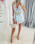 Floral Print Notched Collar Plunge V Neck Sleeveless Romer Casual Slim Fit Blazer Skort Jumpsuit with Belt Lighted Blue