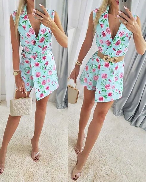 Floral Print Notched Collar Plunge V Neck Sleeveless Romer Casual Slim Fit Blazer Skort Jumpsuit with Belt Lighted Blue