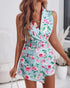 Floral Print Notched Collar Plunge V Neck Sleeveless Romer Casual Slim Fit Blazer Skort Jumpsuit with Belt Lighted Blue