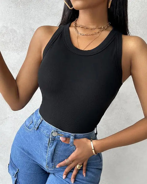 ChicMe Built-in Bra Ribbed Round Neck Tank Top black