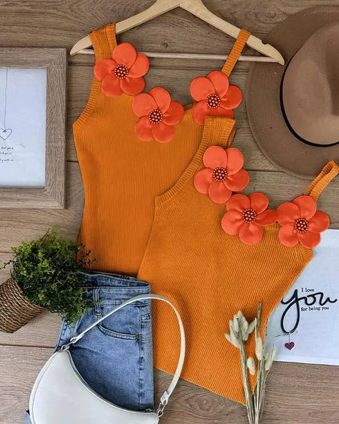 2 Pack Solid 3D Flower Tank Top Asymmetrical Neck Sleeveless Casual Ribbed Knit Camisole orange