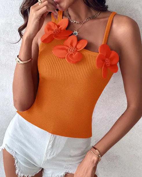 1PC Floral Pattern Beaded Decor Knit Tank Top Sleeveless Shirt orange