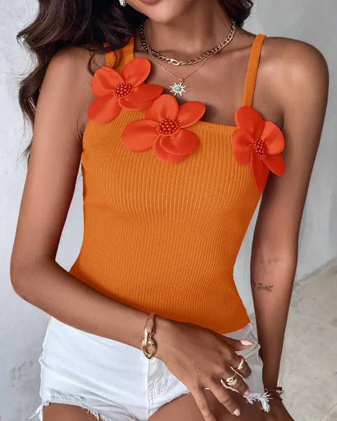 1PC Floral Pattern Beaded Decor Knit Tank Top Sleeveless Shirt orange