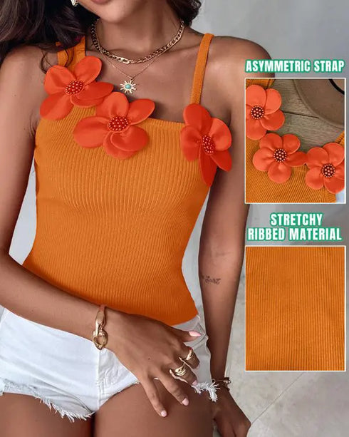 2 Pack Solid 3D Flower Tank Top Asymmetrical Neck Sleeveless Casual Ribbed Knit Camisole orange