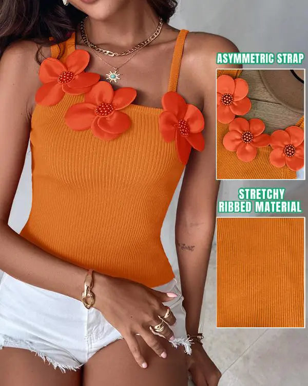 2 Pack Solid 3D Flower Tank Top Asymmetrical Neck Sleeveless Casual Ribbed Knit Camisole orange