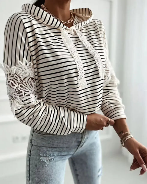 Striped Contrast Floral Lace Patchwork Long Sleeve Pullover Casual Lace Drawstring Hoodie Sweatshirt Apricot