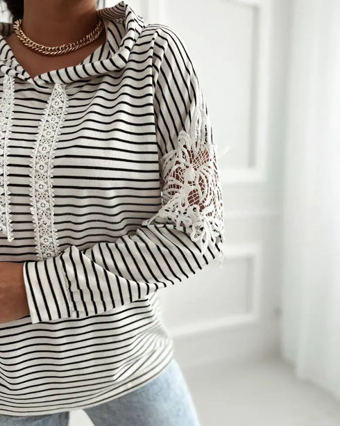 Striped Contrast Floral Lace Patchwork Long Sleeve Pullover Casual Lace Drawstring Hoodie Sweatshirt Apricot