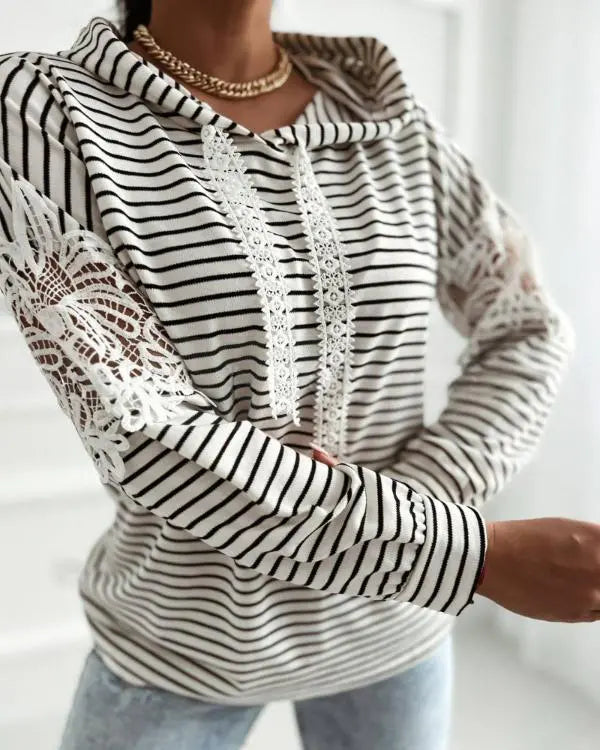 Striped Contrast Floral Lace Patchwork Long Sleeve Pullover Casual Lace Drawstring Hoodie Sweatshirt Apricot