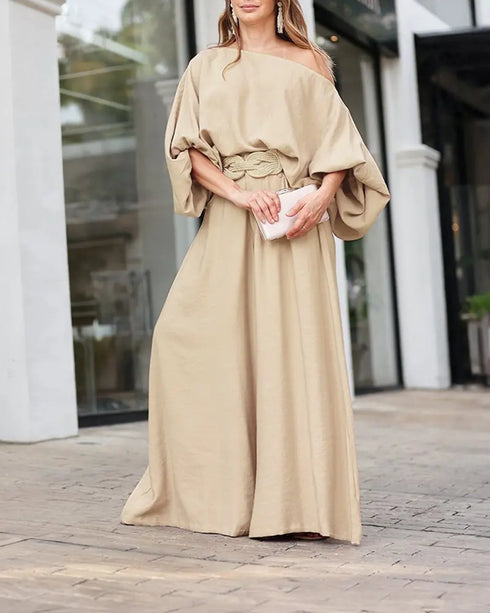 Skew Neck Lantern Sleeve Loose Top & Zipper Fly Wide Leg Pants Set without Belt Apricot