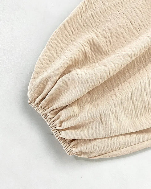 Skew Neck Lantern Sleeve Loose Top & Zipper Fly Wide Leg Pants Set without Belt Apricot