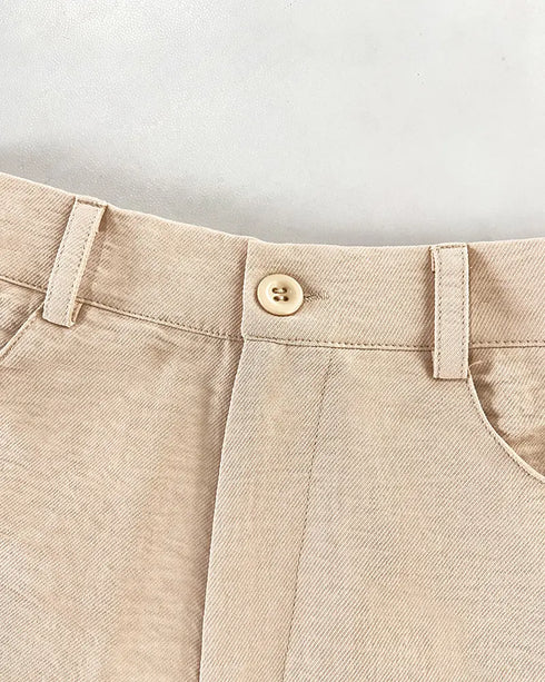 Skew Neck Lantern Sleeve Loose Top & Zipper Fly Wide Leg Pants Set without Belt Apricot