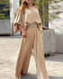 Skew Neck Lantern Sleeve Loose Top & Zipper Fly Wide Leg Pants Set without Belt Apricot