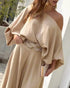 Skew Neck Lantern Sleeve Loose Top & Zipper Fly Wide Leg Pants Set without Belt Apricot