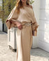 Skew Neck Lantern Sleeve Loose Top & Zipper Fly Wide Leg Pants Set without Belt Apricot