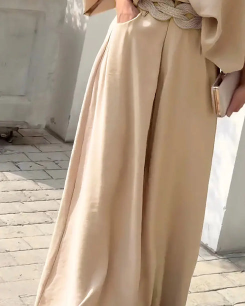 Skew Neck Lantern Sleeve Loose Top & Zipper Fly Wide Leg Pants Set without Belt Apricot