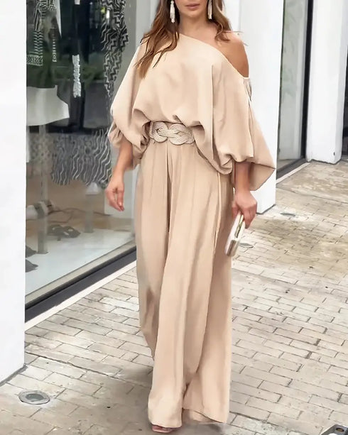 Skew Neck Lantern Sleeve Loose Top & Zipper Fly Wide Leg Pants Set without Belt Apricot