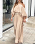 Skew Neck Lantern Sleeve Loose Top & Zipper Fly Wide Leg Pants Set without Belt Apricot