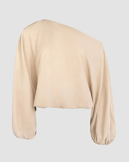 Skew Neck Lantern Sleeve Loose Top & Zipper Fly Wide Leg Pants Set without Belt Apricot